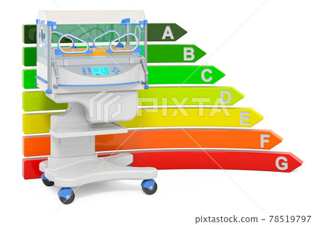 Neonatal incubator with energy efficiency chart, 3D rendering 78519797