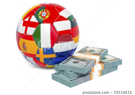 Money and soccer ball with flags. Online sport bets. 3D rendering Money and soccer ball with flags. Online sport bets. 3D rendering 78519818