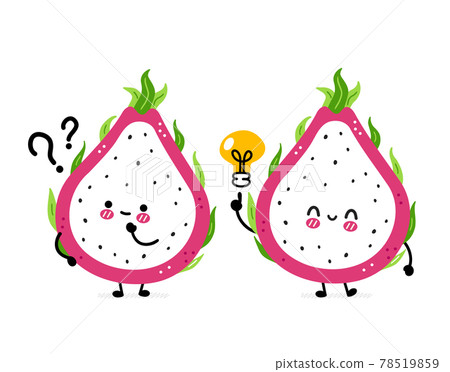 Cute funny dragon fruit with question mark and idea lightbulb. Vector hand drawn cartoon kawaii character illustration icon. Isolated on white background. Dragon fruit, exotic food character concept 78519859
