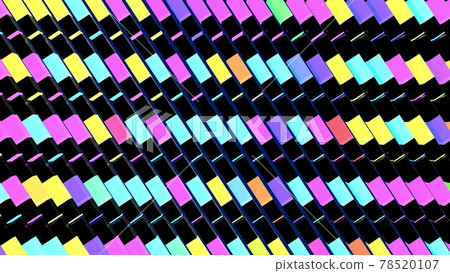 3d render. Abstract dark background with black blocks like plates, keys or sticks in a rows on plane like light bulbs, with multicolor neon lights. 3d render. Abstract dark background with black blocks like plates, keys or sticks in a rows on plane like light bulbs, with multicolor neon lights. 78520107