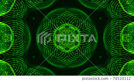 3d render. Green motion design background with symmetrical star pattern. Abstract sci-fi bg with glow particles form curved lines, surfaces, hologram or virtual digital space. Floral structure 3d render. Green motion design background with symmetrical star pattern. Abstract sci-fi bg with glow particles form curved lines, surfaces, hologram or virtual digital space. Floral structure 78520112