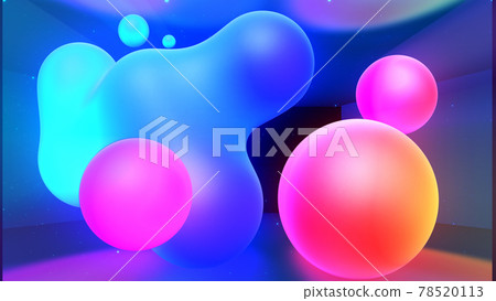 3d render. Spheres or balls in room merge like liquid wax drops or metaballs in-air. Liquid gradient of rainbow colors on drops with multi-colored glow, scattering light inside. 3d render. Spheres or balls in room merge like liquid wax drops or metaballs in-air. Liquid gradient of rainbow colors on drops with multi-colored glow, scattering light inside. 78520113