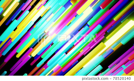 3d render. 3d abstract simple geometric background with multicolor rectangles like light elongated bulbs flashing neon lights fly in the air. Creative simple motion design bg 78520140
