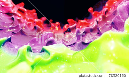 Liquid gradient green red purple. Bright glossy paint surface as abstract festive background. Glitters on viscous liquid 3d splashes on surface like drops. 3d render Liquid gradient green red purple. Bright glossy paint surface as abstract festive background. Glitters on viscous liquid 3d splashes on surface like drops. 3d render 78520160