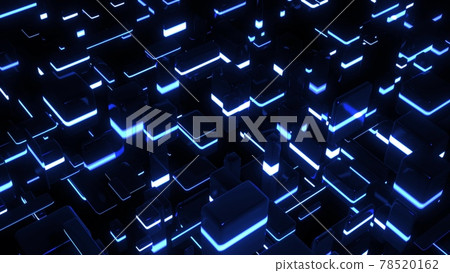 3d render. Dark science fiction blue background. Abstract dark bg neon cubes light bulbs. Different sizes cubes network lighting blue neon light. Blockchain technology visualization 3d render. Dark science fiction blue background. Abstract dark bg neon cubes light bulbs. Different sizes cubes network lighting blue neon light. Blockchain technology visualization 78520162