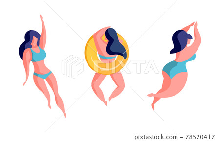 Top View of Beautiful Women Swimming and Sunbathing Set, Girls in Swimsuits Relaxing on Summer Vacation Cartoon Vector Illustration 78520417