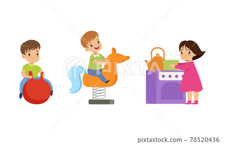 Kids Having Fun on Playground Set, Little Children Bouncing on Ball, Playing Kitchen and Riding Spring Horse See Saw Cartoon Vector Illustration Kids Having Fun on Playground Set, Little Children Bouncing on Ball, Playing Kitchen and Riding Spring Horse See Saw Cartoon Vector Illustration 78520436