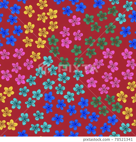 Seamless pattern with blossoming Japanese cherry sakura for fabric, packaging, wallpaper, textile decor, design, invitations, print, gift wrap, manufacturing. Colored flowers on red background. Seamless pattern with blossoming Japanese cherry sakura for fabric, packaging, wallpaper, textile decor, design, invitations, print, gift wrap, manufacturing. Colored flowers on red background. 78521341