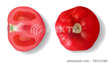 Big realistic vector tomato full and a half isolated on white background. View from top. 3d Big realistic vector tomato full and a half isolated on white background. View from top. 3d 78521590
