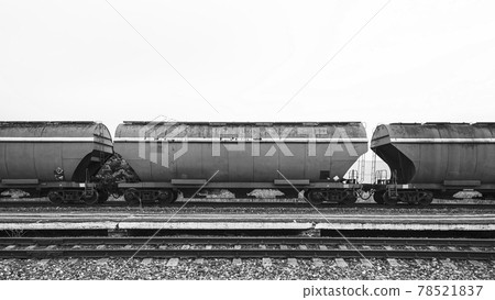 Boxcars in the railway station, black and white photo. 78521837