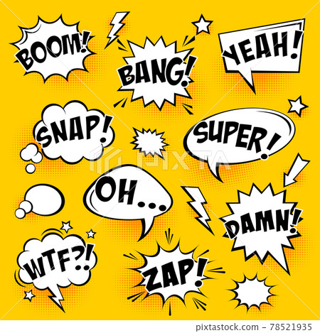 Comic speech bubbles with halftone shadows and text on yellow background. Hand drawn retro cartoon Comic speech bubbles with halftone shadows and text on yellow background. Hand drawn retro cartoon 78521935