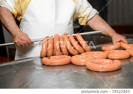 Sausages production at the meat processing factory. Sausages production at the meat processing factory. 78522803