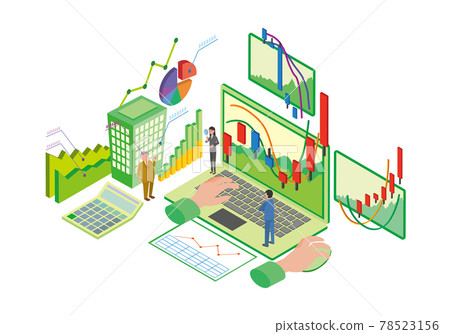 Stock trading and company analysis isometric illustration 78523156