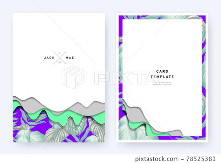Foliage wedding invitation card template design, paper cut waves and tropical plants pattern 78525381