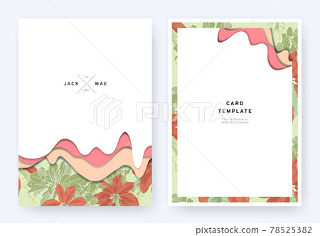 Foliage wedding invitation card template design, paper cut waves and tropical plants pattern 78525382