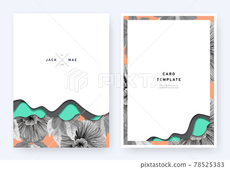 Foliage wedding invitation card template design, paper cut waves and black and white flowers 78525383