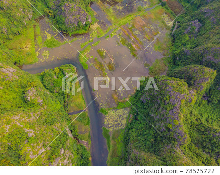 the majestic scenery on Ngo Dong river in Tam Coc Bich Dong view from drone in Ninh Binh province of Viet Nam the majestic scenery on Ngo Dong river in Tam Coc Bich Dong view from drone in Ninh Binh province of Viet Nam 78525722