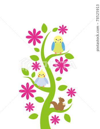 Parakeet and squirrel on tree 78525913