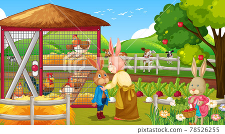 Garden scene with many rabbits cartoon character Garden scene with many rabbits cartoon character 78526255