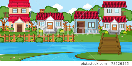 Horizontal scene with many houses and river Horizontal scene with many houses and river 78526325