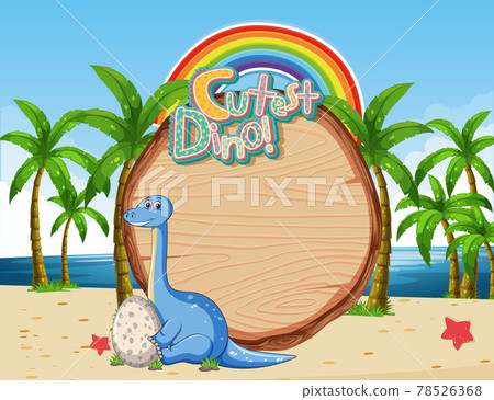 Beach scene with empty board template and cute dinosaur cartoon character 78526368