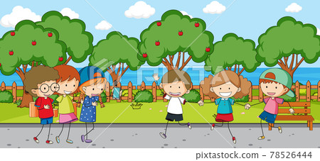 Outdoor scene with many kids playing in the park - Stock Illustration ...