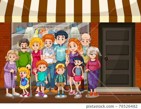 City scene with happy family standing in front of shopping store 78526482