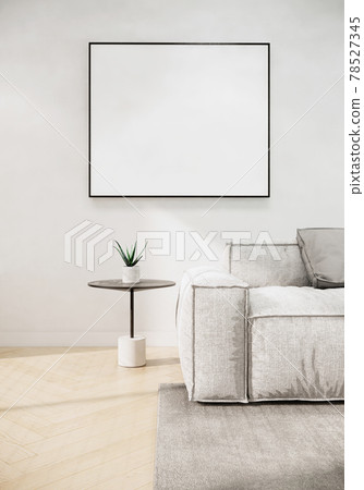 Modern Japandi style living room interior design and blank picture frame on white wall, apartment and sunlight. 3d rendering 78527345