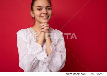 Photo portrait of beautiful happy funny young brunette woman in stylish white blouse. Sexy carefree Photo portrait of beautiful happy funny young brunette woman in stylish white blouse. Sexy carefree 78528255