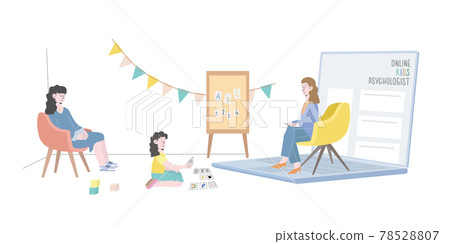 Online psychological counseling with children concept. Psychologist and her small patient are having video call using modern technology app, laptop Online psychological counseling with children concept. Psychologist and her small patient are having video call using modern technology app, laptop 78528807