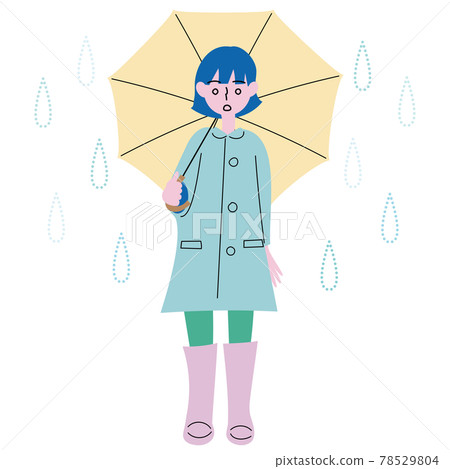 An illustration of a woman wearing a raincoat and rain boots standing with an umbrella during the dry rainy season An illustration of a woman wearing a raincoat and rain boots standing with an umbrella during the dry rainy season 78529804