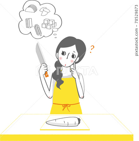 A woman wearing an apron thinking about how to cut a radish. A woman wearing an apron thinking about how to cut a radish. 78529873