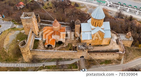 View from drone of ancient Ananuri Castle complex, Georgia View from drone of ancient Ananuri Castle complex, Georgia 78530904