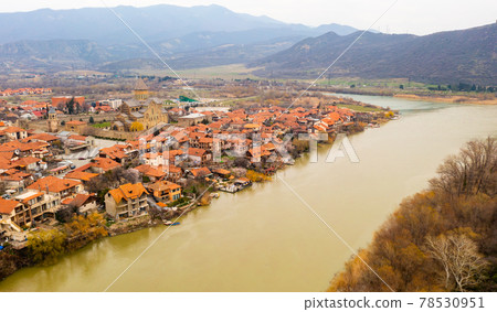 Aerial view of Mtskheta at confluence of Mtkvari and Aragvi rivers, Georgia Aerial view of Mtskheta at confluence of Mtkvari and Aragvi rivers, Georgia 78530951