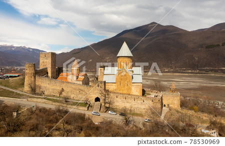 Scenic view from Ananuri fortress on Aragvi river and Zhinvali reservoir in spring 78530969