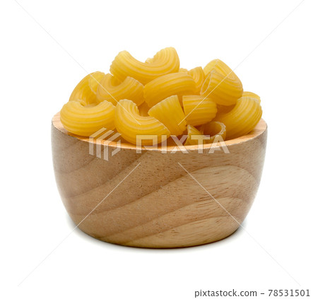 raw macaroni pasta with wooden bowl isolated on white background raw macaroni pasta with wooden bowl isolated on white background 78531501