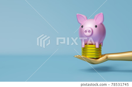 piggy bank with hands holding gold coins money in blue composition background ,Finance Investment Concept, 3d illustration or 3d render piggy bank with hands holding gold coins money in blue composition background ,Finance Investment Concept, 3d illustration or 3d render 78531745