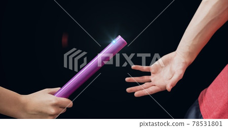 Composition of caucasian athletes passing pink relay baton with glowing light 78531801