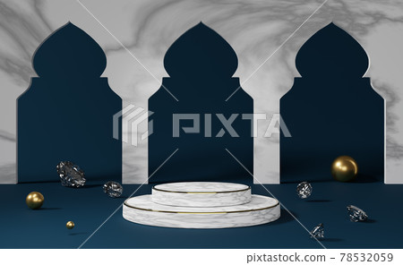 marble podium empty with diamond and geometric shapes in blue composition for modern stage display and minimalist mockup ,abstract showcase background ,Concept 3d illustration or 3d render 78532059