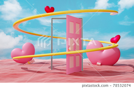 Open door and heart shaped balloon with surreal red ocean landscape and blue sky ,abstract minimal background ,3d illustration or 3d render 78532074