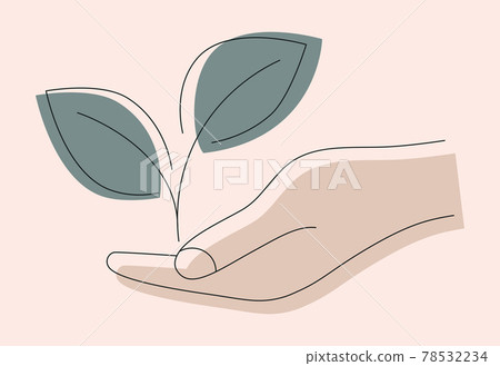 Growing leaves in the hand. Giving hand with young plant in soil. Can be used for natural farm product, organic food, vegan products. Earth day concept. Environmental protection concept 78532234