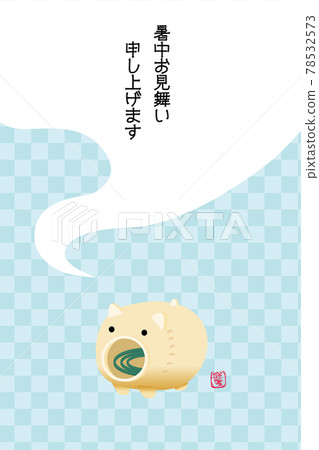 夏季問候明信片設計模板|豬蚊香和日本圖案背景格子圖案|夏季圖像 78532573