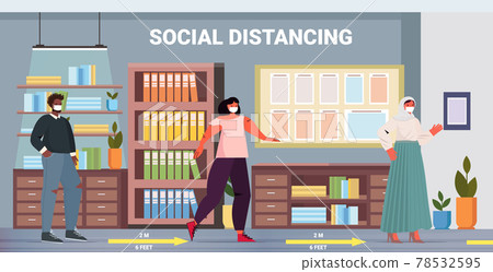 businesspeople wearing protective masks colleagues keeping distance to prevent coronavirus social distancing 78532595