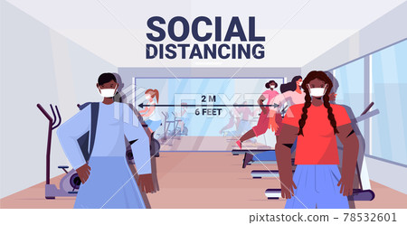 mix race girls in protective masks working out women keeping distance to prevent coronavirus social distancing 78532601