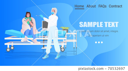 female doctor in mask taking swab test for coronavirus sample from woman patient on hospital bed PCR diagnostic 78532697