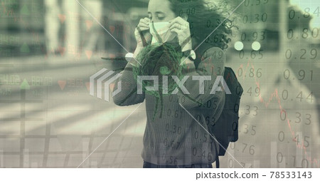 Composition of covid 19 cell and medical data processing over caucasian woman putting face mask on 78533143