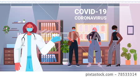 doctor in mask taking swab test for coronavirus sample from mix race businesspeople patients PCR diagnostic procedure 78533314