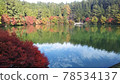 搖曳的湖面倒映著藍天和秋葉 78534137
