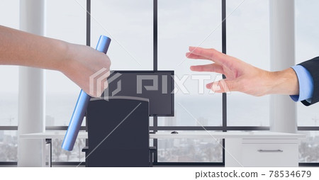 Composition of two people passing blue relay baton over empty office in background 78534679