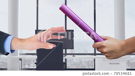 Composition of two people passing purple relay baton over empty office in background 78534681